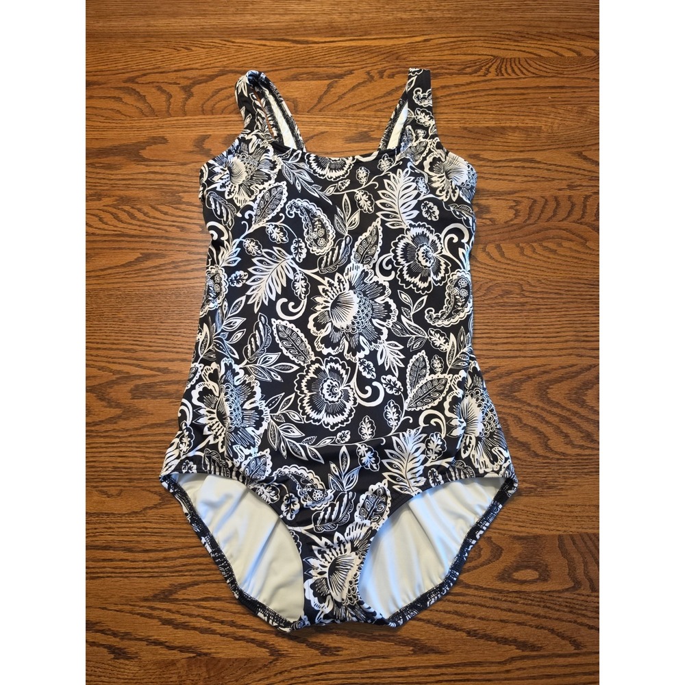 NWT Lands' End Black White Floral Tugless Scoop Neck One Piece Swimsuit Size 12